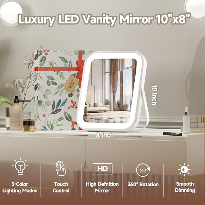 PRIMETEK LED Vanity Mirror with Gift Box, 10"x8" Lighted Hollywood Makeup Mirror, Portable Travel Makeup Mirror with Lights, 3-Color Lighting, 5X Magnification, for Vanity Desk, Bedroom, Gifts for Her