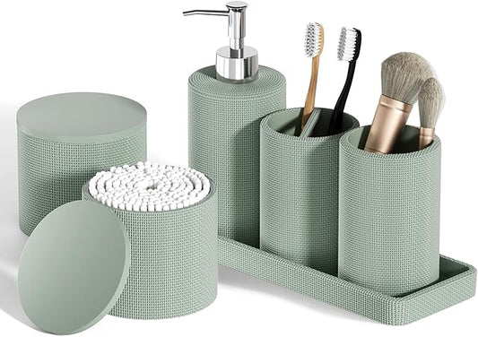 6-Piece Green Bathroom Set - Mesh Textured Resin Bathroom Accessories Set with Soap Dispenser, Toothbrush Holder, Cup, Vanity Tray & Apothecary Jars for Small Spaces