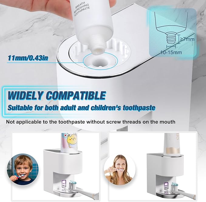 Automatic Toothpaste Dispenser Wall Mounted: White Electric 6 Adjustable Levels Auto Toothpaste Squeezer Smart Rechargeable Touchless for Kids Adults - Bathroom - Replaceable Parts