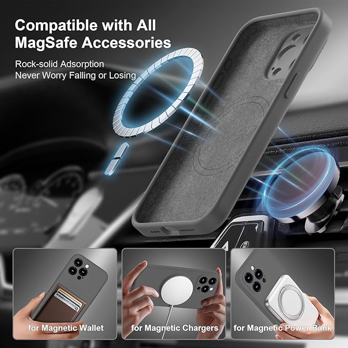Magnetic for iPhone 15 Pro Case, Compatible with MagSafe, with 9H Nano Screen Protectors, Full Camera Protection, Silicone Shockproof Microfiber Lining Phone Case 6.1", Space Gray