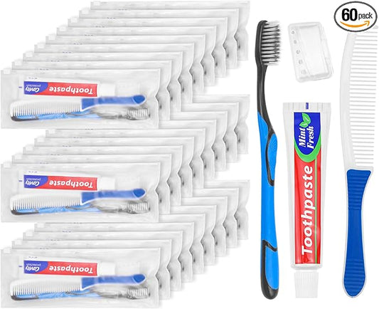 Travel Toothbrushes Kit, Individually Packaged,Toothbrush and Toothpaste Set Bulk, with Comb, Suitable for Hotels, Travel, Business Trip (60 Sets)