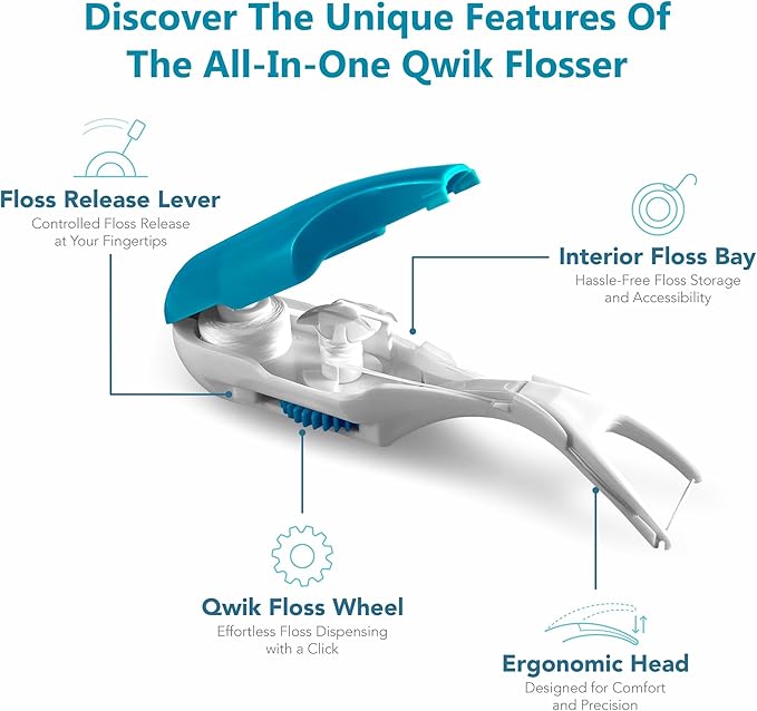 QWIK Automatic Dental Flosser | Click-to-Use, Reusable & Refillable | Pre-Loaded Floss with Travel Cover | Easy Flossing for Plaque Removal, Clean Teeth & Fresh Breath (Dark Blue)