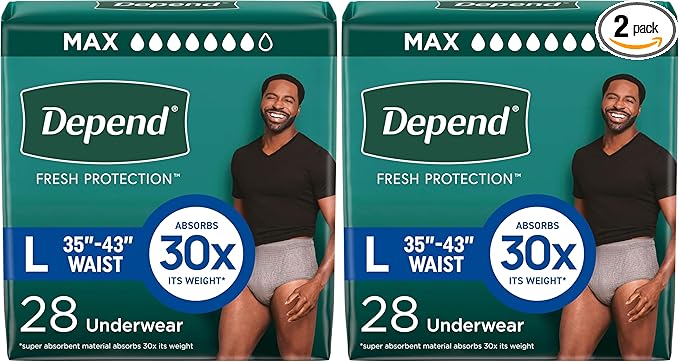 Depend Fresh Protection Adult Incontinence Underwear for Men (Formerly Depend Fit-Flex), Disposable, Maximum, Large, Grey, 28 Count, Packaging May Vary (Pack of 2)