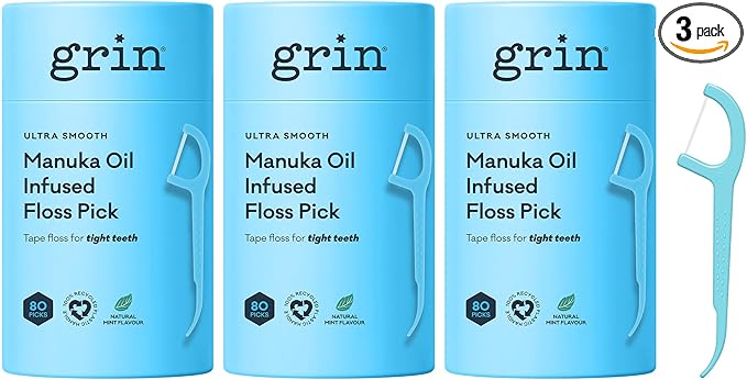 Grin Tooth Picks Flossers for Adults – Manuka Oil Infused Dental Floss Picks for Teeth Cleaning - Natural Mint Flavor - 100% Recycled Plastic Handle - 80 Count Canister (Pack of 3)