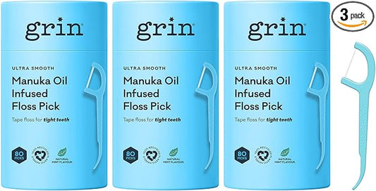 Grin Tooth Picks Flossers for Adults – Manuka Oil Infused Dental Floss Picks for Teeth Cleaning - Natural Mint Flavor - 100% Recycled Plastic Handle - 80 Count Canister (Pack of 3)