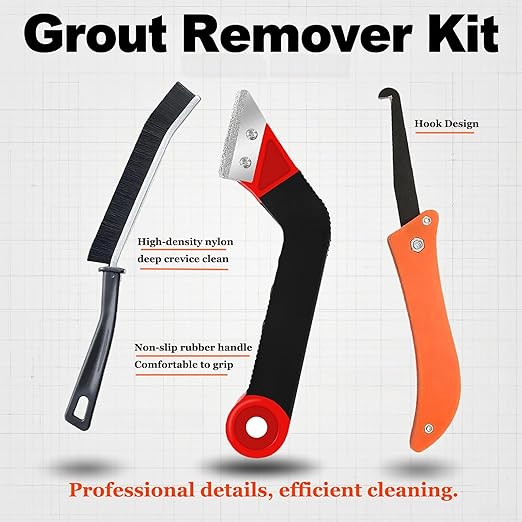Grout Removal Tool Kit, 2 Tile Grout Saws with 6 Replacement Blades, Hand Grout Saw and 2 Cleaning Blades, 2 Brushes for Tile Gap Cleaning and Repair
