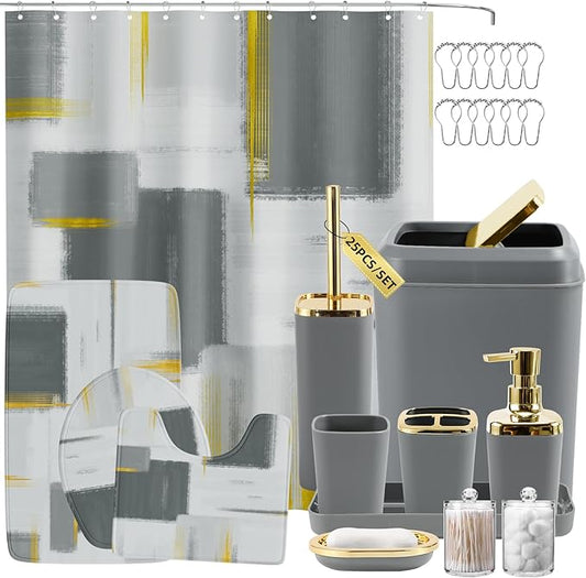 Bathroom Set - Grey and Gold Bathroom Accessories Set, Bathroom Sets with Shower Curtain and Rugs, Grey Shower Curtain Set with Bathroom Trash Can, Soap Dispenser, Soap Dish for Home Decor