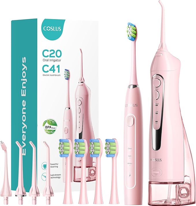 COSLUS Portable Water Flosser with Electric Toothbrush Combo: 2-in-1 Oral Clean Kit for Teeth, Braces, Gums Care - Brushing & Flossing for Adults, Family, Travel Use, BPA-Free, Black, C20 & C41
