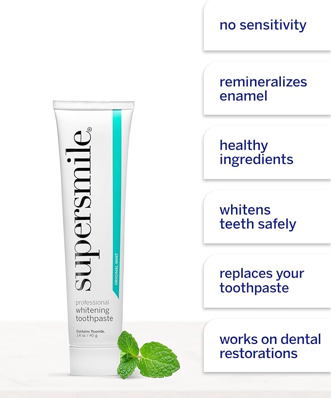 Supersmile Professional Whitening Toothpaste w/Fluoride - Removes Stains & Whitens Teeth 6 Shades - Enamel Strengthening - No Sensitivity - Travel Size (Original Mint, 1.4 Oz) (Pack of 2)