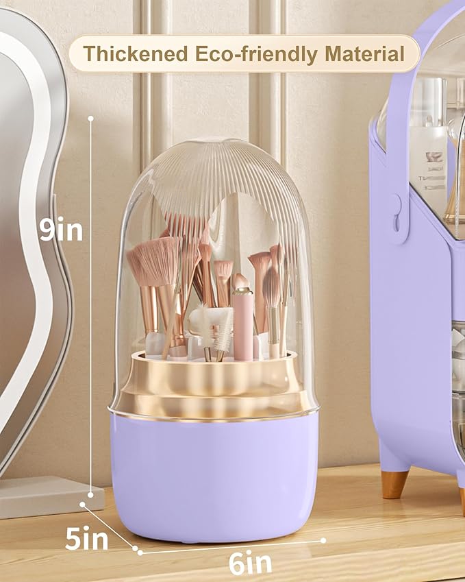 Makeup Brush Holder 360 Rotating, [Upgrade & with Cover] Makeup Brush Organizer for Vanity Countertop Bathroom (Purple)