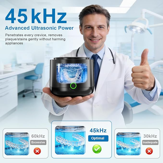 Ultrasonic Retainer Cleaner, 45kHz Retainer Cleaner Machine UV-C Dental Cleaning Pod Lights, 24W, 4000mAh, 200ml, for Denture, Night Guard, Mouth Guard, Aligner, Brace, Multiple