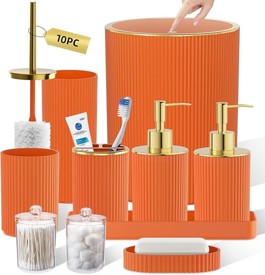 Orange Bathroom Accessories Set, 10PC Bathroom Set, Bath Accessory with Pop Up Trash Can, Soap Dispenser, Toilet Brush, Toothbrush Set Qtip Holders & Tray