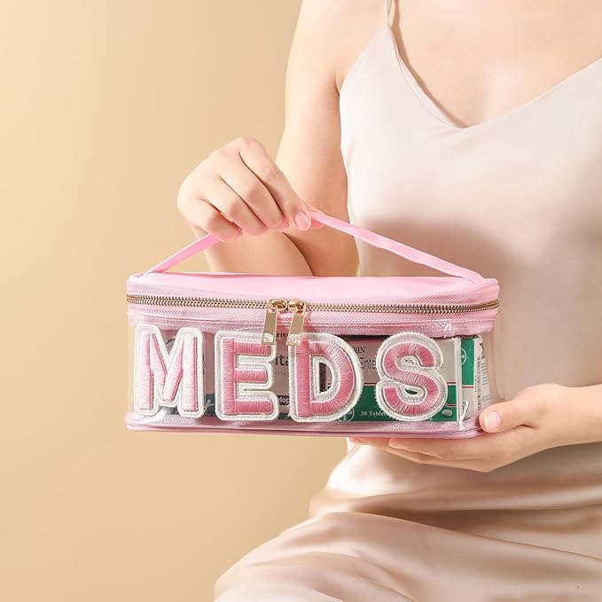 Clear PVC Letter Patch MEDS RX Makeup Bag with Metal Zipper,Large Capacity Nylon Transparent Medicine Bag with Top Handle,First Aid Travel Organizer Cosmetic Bag(02Pink MEDS)