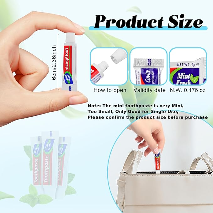 HOIQIRY 100 Tubes Extra Small Travel Size Toothpast Bulk,Mini 0.176 oz/5 Grams Small Disposable Toothpaste Mint Single Use Mini Bulk Toothpaste Travel Size for Hotel,Camping,Homeless,Charity,Guests