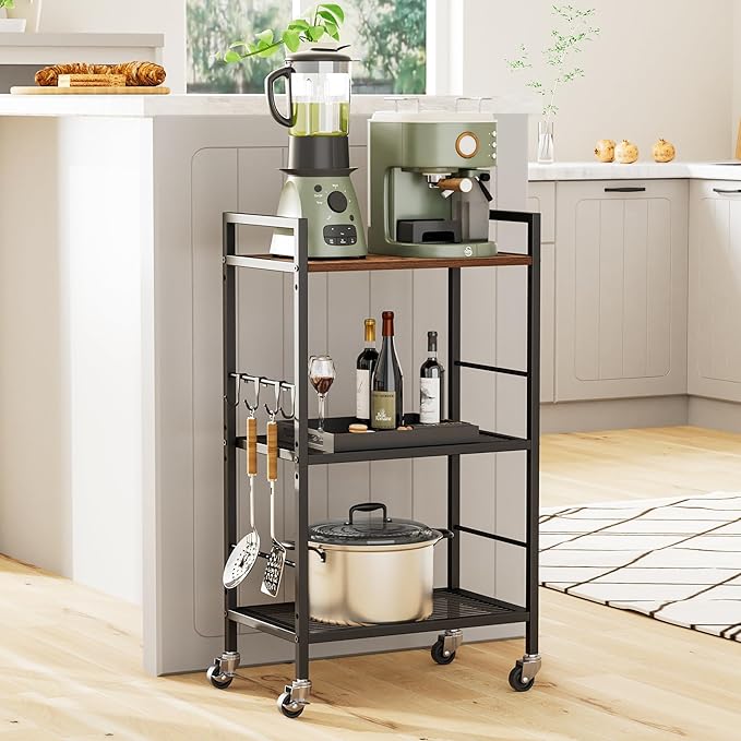 XIVIRACK 3-Tier Metal Storage Rack with Industrial Wheels,Mesh Shelving Unit with Wooden Table top,Adjustable Shelf,16.9-Inch Width,for Kitchen,Laundry,Pantry,Plant,Black