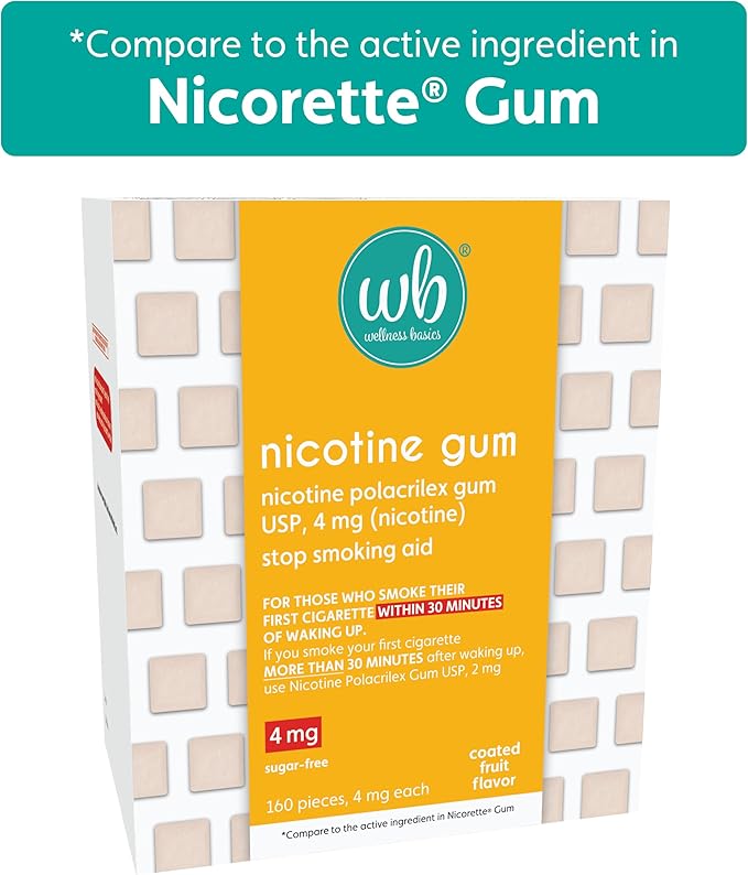 Wellness Basics Nicotine Gum 4mg | Stop-Smoking Aid | Fruit Flavor | 160 Count | Reduces Cravings & Withdrawal Symptoms