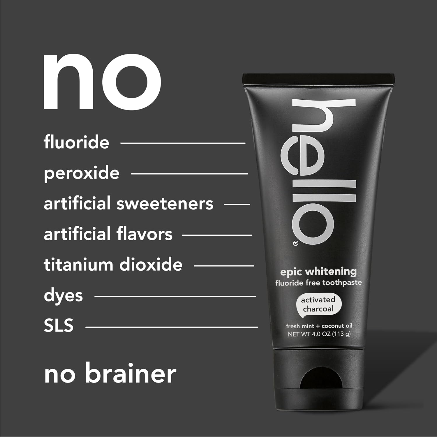 Tube of 'hello' epic whitening fluoride-free toothpaste on a gray background with ingredient list.