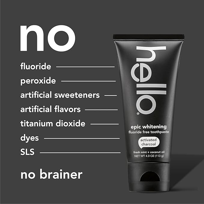 Hello Activated Charcoal Epic Teeth Whitening Fluoride Free Toothpaste and Toothbrush, Fresh Mint and Coconut Oil, Vegan, SLS Free, Gluten Free and Peroxide Free, 4 Ounce (Pack of 2)