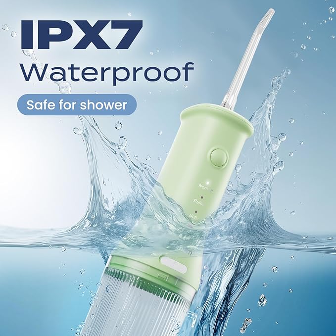 7AM2M Portable Cordless Water Flosser, Oral Irrigator with 3 Modes & 2 Tips, Fast Rechargeable, IPX7 Waterproof, Dental Water Flosser for Travel and Home Use (Light Green)