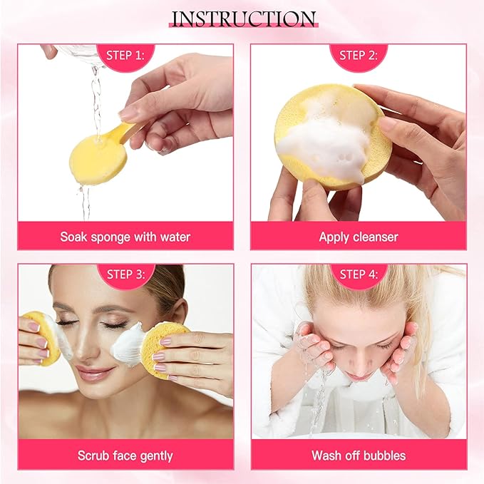 Patelai 300 Pieces Face Cleansing Sponge Wash Round Face Sponge Makeup Removal Sponge Pad Compressed Soft Facial Sponge Exfoliating Sponges, Pink, Purple, Blue, Yellow, Green for Women