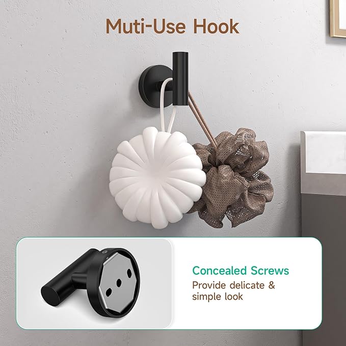 USHOWER Matte Black Bathroom Hardware Set, Modern 24-Inch Towel Bar Set Wall Mounted, Durable SUS304 Stainless Steel Bathroom Accessories Set, 4-Piece