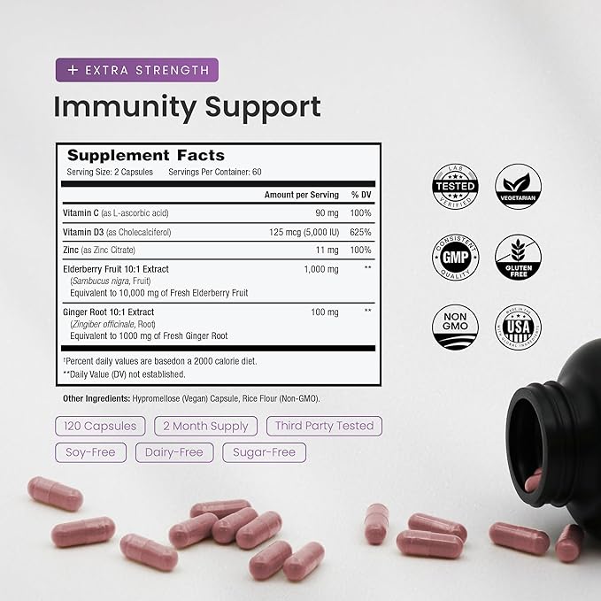 Elderberry with Vitamin C and Zinc - 5 in 1 - Immunity Support Supplement, 10,000mg Sambucus Black Elderberry Capsules with Vitamin D3 5000 IU, Sambucus Elderberry Extract - Immune Booster for Adults