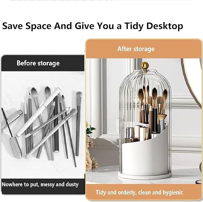 Makeup Brush Organizer Toothbrush Holder with Transparent Door Lid, 360 Rotating Sliding Opening, Door Dustproof&Waterproof for Vanity Bathroom Bedroom (White)