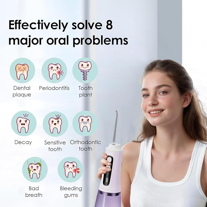 300ml Large Capacity Home Oral Irrigator 9 Modes Water Flosser with Adjustable Pressure for Gum Care/Breath Remover/Dentures (Light Purple)
