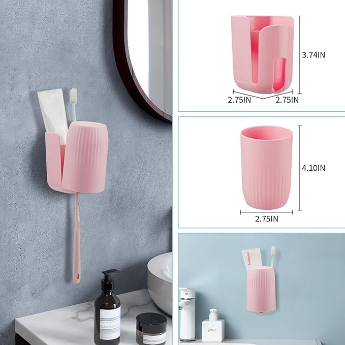 Toothbrush Holders for Bathrooms Toothbrush Holders Wall Mounted BPA-Free Tooth Brush Holder with Toothbrush Cup Drilling-Free (Pink)