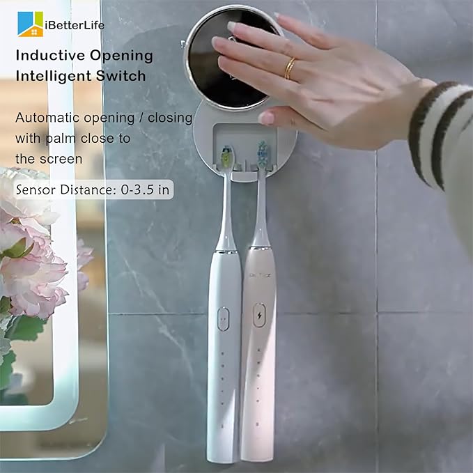 Toothbrush Holders Cleaner & Dryer for Bathroom - Mirror Wall Mounted [Rechargeable, Auto Sensor Open/Close Lid, LED Smart Screen] Adhesive Electric Tooth Brush Razor Holder with Cover for Home Travel