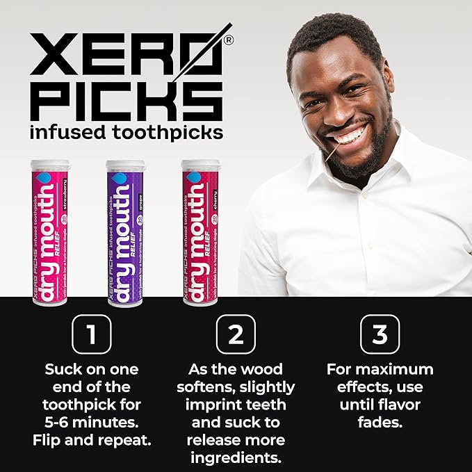 Xero Picks Dry Mouth - Flavor Infused Toothpicks for Long-Lasting Fresh Breath and Dry Mouth Prevention - 60 Picks - 3 Pack - Fruit Variety - Strawberry, Cherry, Grape