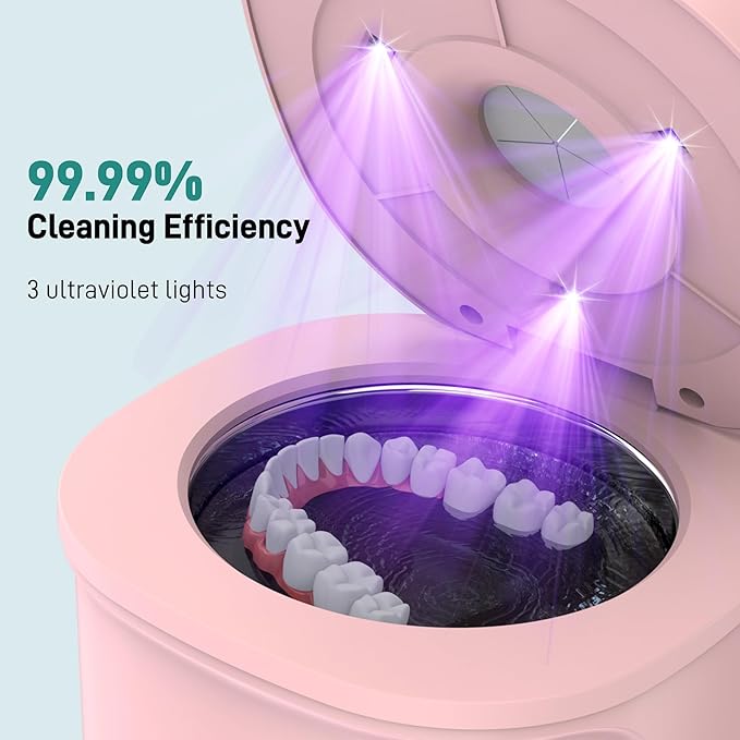 Ultrasonic Retainer Cleaner, Dental Cleaning Pod with U-V Lights, 45kHz Retainer Cleaner Machine for Dentures, Toothbrush Heads, Jewelry, Aligner, Night Mouth Guards (Pink)