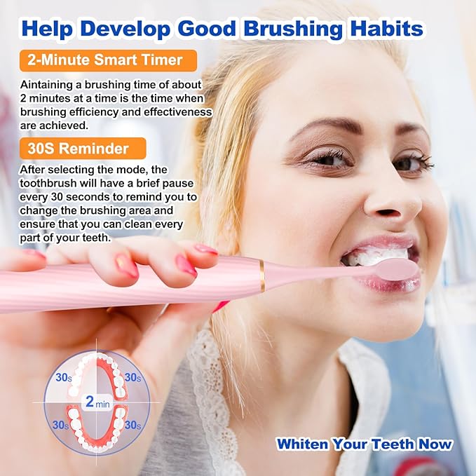 Sonic Electric Toothbrush for Adults and Kids, Rechargeable Toothbrush With 8 Brush Head, 4 Modes and 2 Minute Timer, 42000VPM Power Motor, IPX8 Waterproof, 4 Hours Fast Charge last 90 days (Pink)