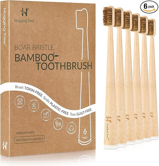 Boar Bristle Bamboo Toothbrush, Made from Natural Boar Hair Bristles, Plastic-Free (Pack of 6)