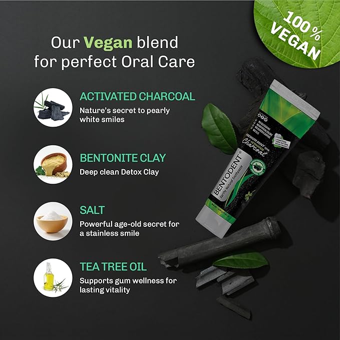 BENTODENT Teeth Whitening Bentonite Clay & Charcoal Toothpaste - Natural Teeth Whitening Charcoal toothpaste, No SLS & Fluoride free Charcoal toothpaste, Vegan (Activated Charcoal Mint Combo)