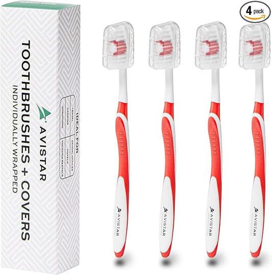 4 Pack Toothbrushes for Adults - Individually Wrapped Medium Bristle Toothbrushes with Covers - Red - Convenient & Affordable Dental Care for Travel, Hotels, Airbnb, Missions & More