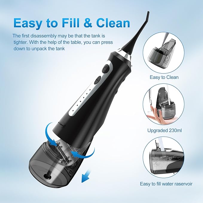 Sejoy Water Flossers for Teeth, Water Flosser Cordless Rechargeable, Water Flosser for Braces for Kids Travel, for Teeth Cleaning, 5 Cleaning Modes 8 Jet Tips, IPX7 Waterproof, 230ml