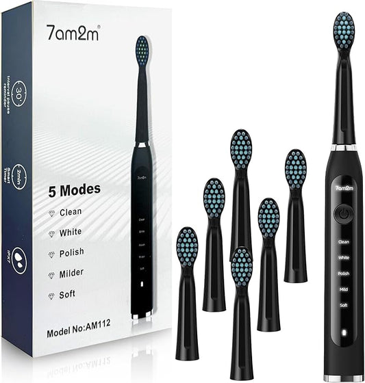 7AM2M Sonic Electric Toothbrush for Adults High Power Rechargeable Toothbrushes with 6 Brush Heads,5 Adjustable Modes, Built-in 2-Minute Smart Timer,3 Hours Fast Charge for 45Days Matte Black