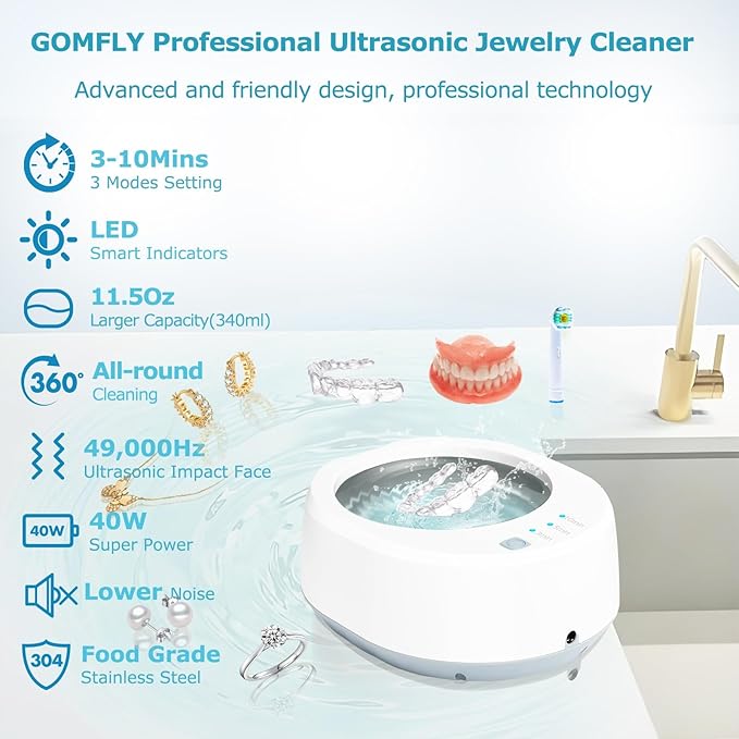 Ultrasonic Jewelry Cleaner, 49kHz Mini Ultrasonic Retainer Cleaner Machine for Earrings, Jewelry, Dentures, Aligner, Night Guards, Mouth Guard- 304 Stainless Steel, 3 Cleaning Modes