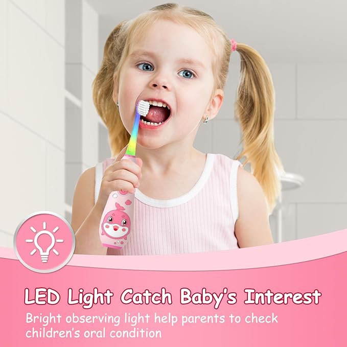 teeteck Electric Toothbrush for Kids - Toddler Electric Toothbrush with Magnetic Charging, Includes 2 Brush Heads, Magnetic USB Charging Cable for Ages 1-6 Boys Girls (Pink)