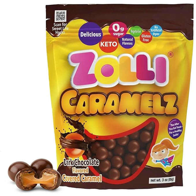Zolli Caramelz in Dark Chocolate - Sugar-Free Candy, Keto & Diabetic-Friendly Healthy Candy, Dentist-Approved Treats for Kids, 3 oz