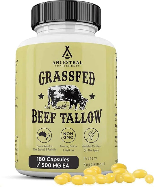 Ancestral Supplements Grass Fed Beef Tallow Capsules, 3000mg, Nourishing Kidney Fat Supplement Supports Bones, Teeth, Gums, Skin, Immune and Overall Health, Non-GMO, 180 Capsules