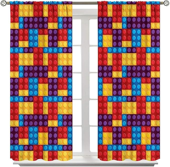 Building Block Colored Curtains, Children's Themed Curtains Collection Building Block Patchwork Cartoon Print Curtains, Light Trim 2 Panel Set Rod Pockets 42x45in