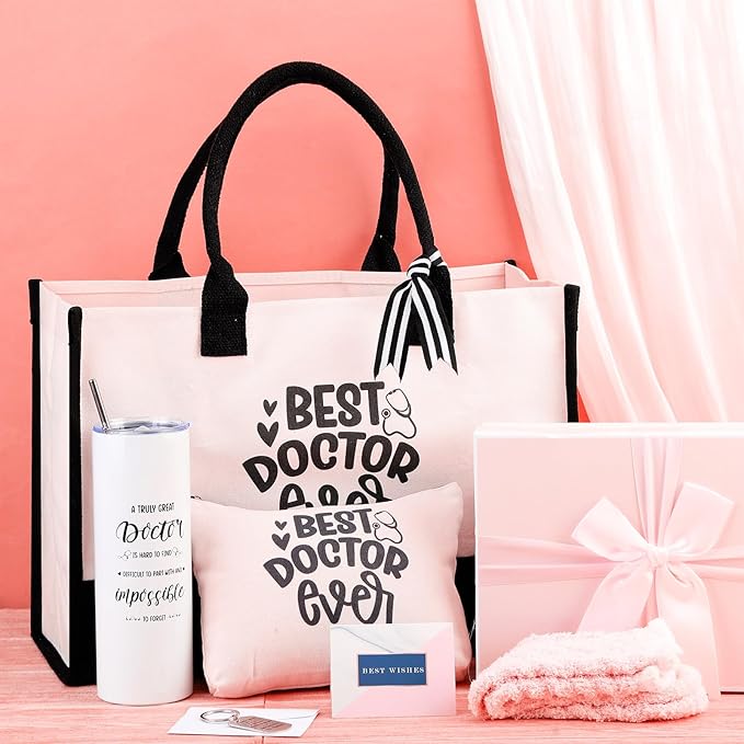 Geiserailie 8 Pcs Christmas Doctor Gifts for Women Including Large Tote Bag Cosmetic Bags Tumbler Cup Plush Socks Metal Keychain Card and Envelope for Doctor Thank You Gifts