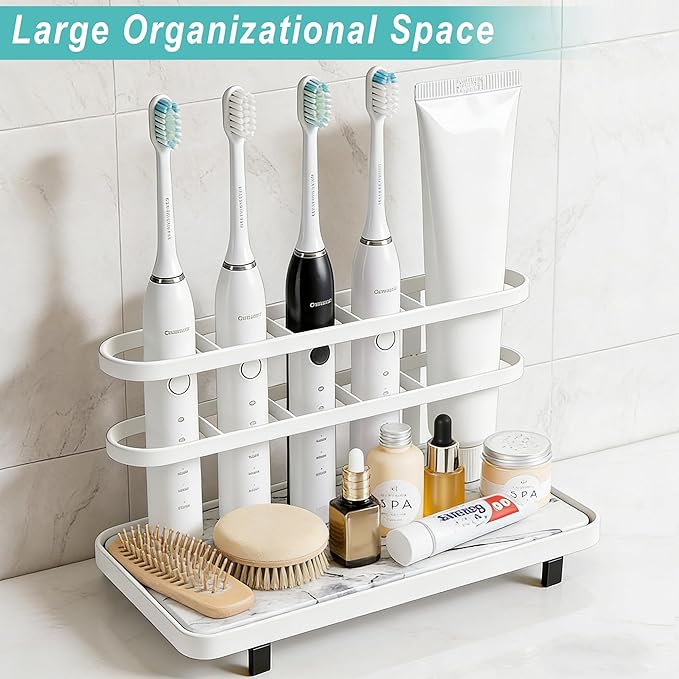Electric Toothbrush Holders for Bathrooms, Bathroom Counter Organizer with Quick Dry Diatomaceous Earth Mat, 5 Slots Toothbrush and Toothpaste Holder White, for Bathroom Sink Organizer Countertop