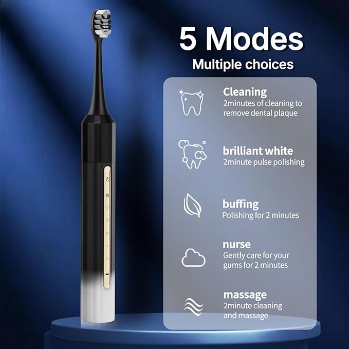 Sonic Electric Toothbrush with 10 Brush Heads for Adults and Children, Up to 30 Days on a Single Charge,5 Modes,Built-in 2-Minute Smart Timer, IPX8 Waterproof Electric Toothbrush (Black White)