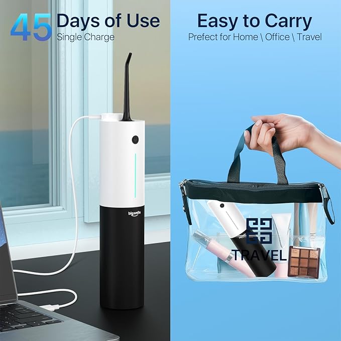Bigsmile Water Flosser, Electric Oral Irrigator, USB Rechargeable, IPX7 Waterproof, Cordless Water Flosser, Effectively Maintain Oral Cleanliness and Health (Black and White)