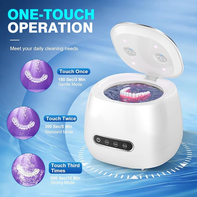 Rechargeable Ultrasonic Retainer Cleaner Machine, 45kHz Portable Dental Cleaning Pod for Dentures, Night Guards, Braces, Aligner, Toothbrush, Jewelry, 3 Cleaning Modes, 200ML Capacity, White