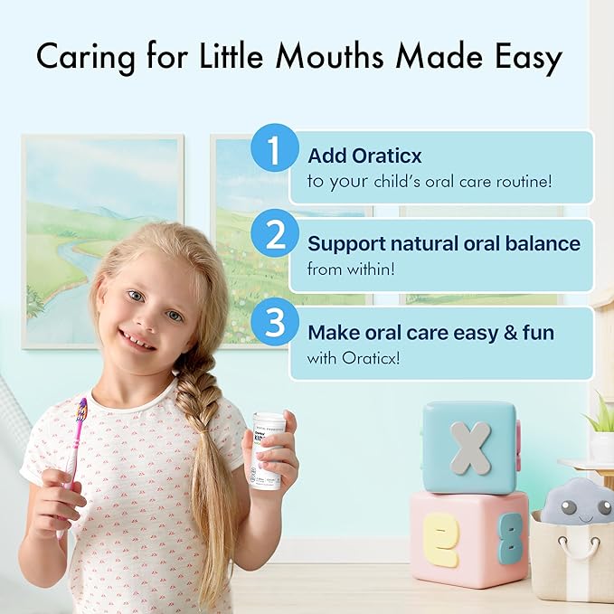 OraTicx Kids Dental Probiotics for Anti-Cavity + Healthy Teeth and Gums, 8 Billion CFU Probiotics for Oral Health, Yogurt Flavor 1-PK