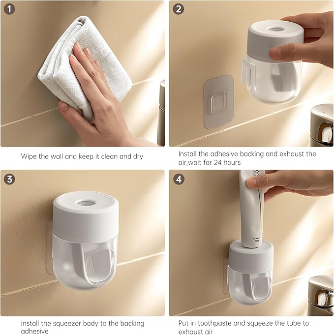 Toothpaste Dispenser, Wall Mounted Automatic Toothpaste Squeezer for Kids and Adults, with Strong Adhesive Sticky Hook, Labor Saving Bathroom Toothpaste Dispenser, White